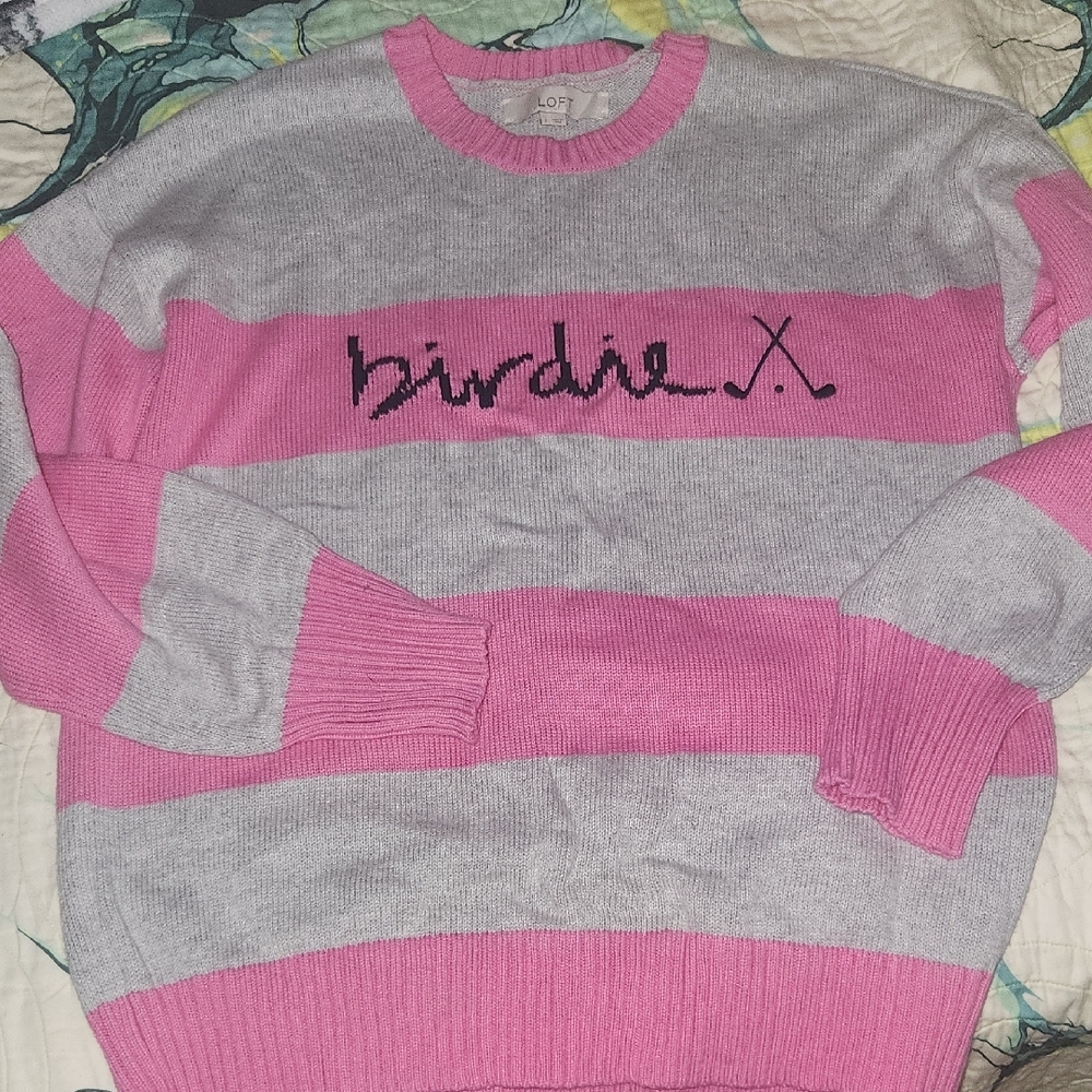 LOFT Pink and Gray Crew Neck Sweater with Bold Stripes